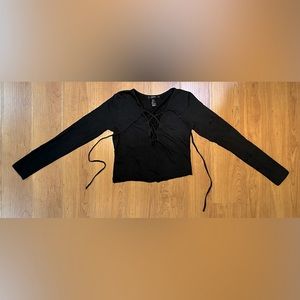 Forever 21 Black Long Sleeve Crop Top with Criss Cross Lace up V-Neckline- Small